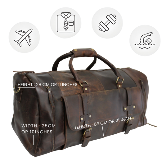 Quality Full Grain Genuine Leather Travel Bag with Adjustable Shoulder Strap. FREE Leather Apple Air-tag Holder.