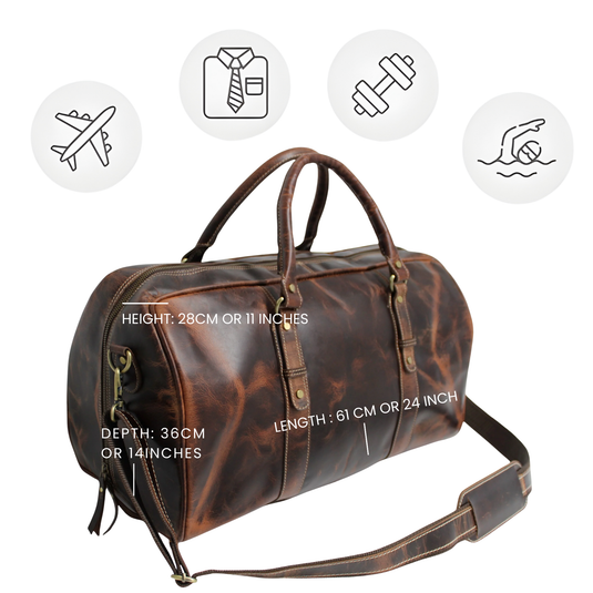 Quality Full Grain Genuine Leather Travel Bag with Adjustable Shoulder Strap. FREE Leather Apple Air-tag Holder.