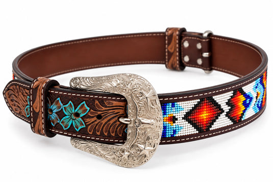 Hide & Chic Western Tooled Leather & Beaded Belt with Floral Buckle – Style No. 41043 Coming Soon