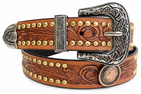 Hide & Chic Western Tooled Leather Studded Belt with Engraved Buckle – Style No. 41044 Coming Soon