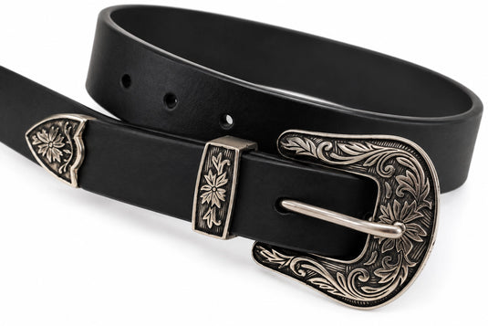 Hide & Chic Black Leather Western Belt with Ornate Silver Buckle – Style No. 41045 Coming Soon
