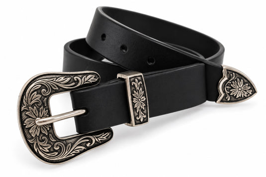 Hide & Chic Black Leather Western Belt with Ornate Silver Buckle – Style No. 41045 Coming Soon