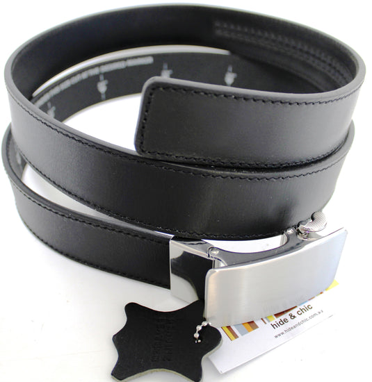 Genuine Leather Ratchet Dress Belt with Automatic Sliding Buckle