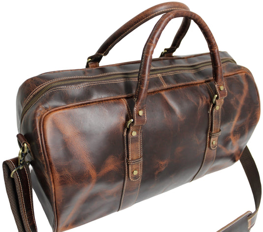 Quality Full Grain Genuine Leather Travel Bag with Adjustable Shoulder Strap. FREE Leather Apple Air-tag Holder.