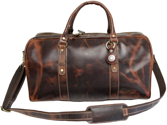 Quality Full Grain Genuine Leather Travel Bag with Adjustable Shoulder Strap. FREE Leather Apple Air-tag Holder.