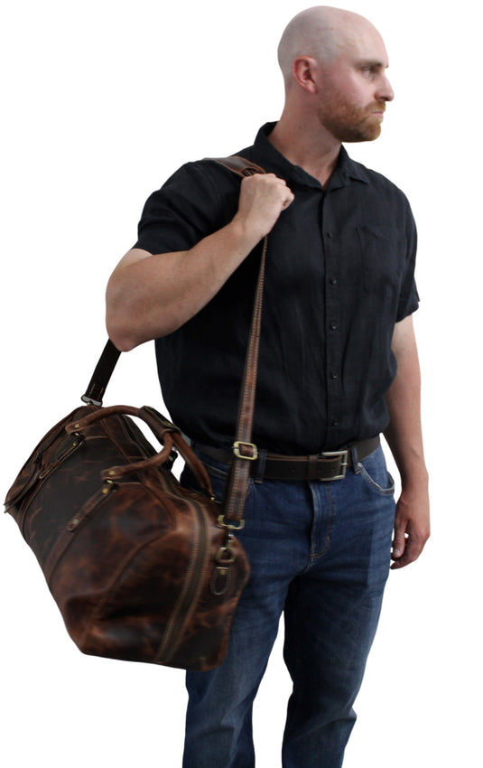 Quality Full Grain Genuine Leather Travel Bag with Adjustable Shoulder Strap. FREE Leather Apple Air-tag Holder.