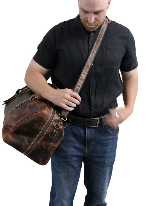 Quality Full Grain Genuine Leather Travel Bag with Adjustable Shoulder Strap. FREE Leather Apple Air-tag Holder.