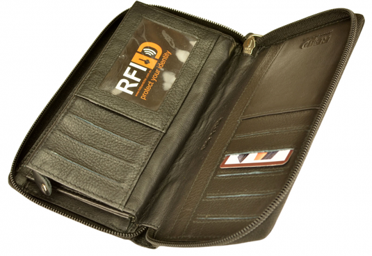 RFID Security Lined Zip Purse with Full Grain Leather. Style 22052 Hide & Chic