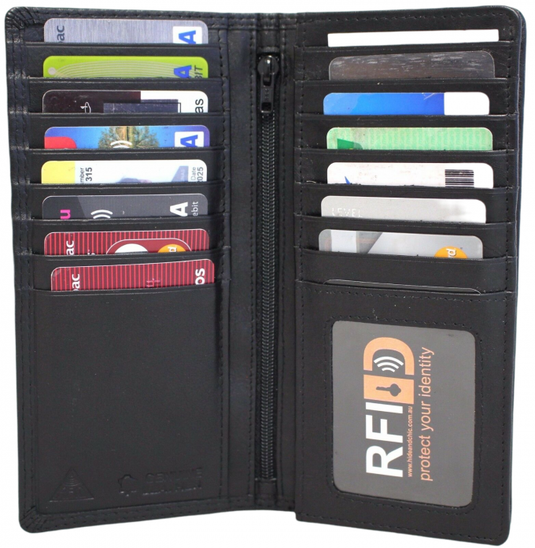 RFID Security Lined Leather Wallet Full Grain Cow Hide Leather in black. Style: 11027. Hide & Chic