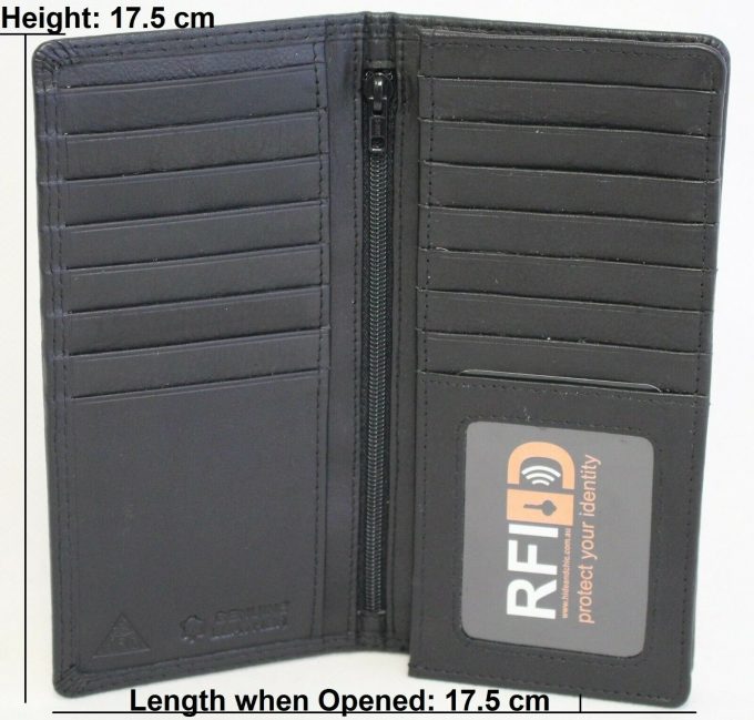 RFID Security Lined Leather Wallet Full Grain Cow Hide Leather in black. Style: 11027. Hide & Chic