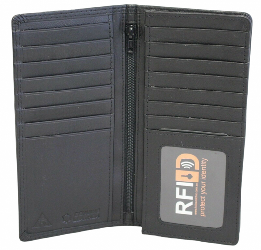 RFID Security Lined Leather Wallet Full Grain Cow Hide Leather in black. Style: 11027. Hide & Chic