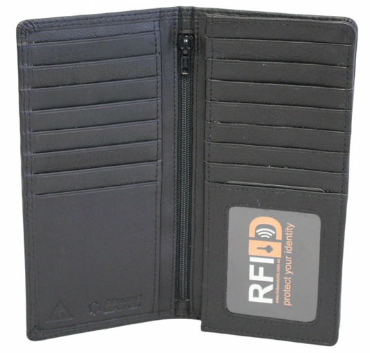 RFID Security Lined Leather Wallet Full Grain Cow Hide Leather in black. Style: 11027. Hide & Chic