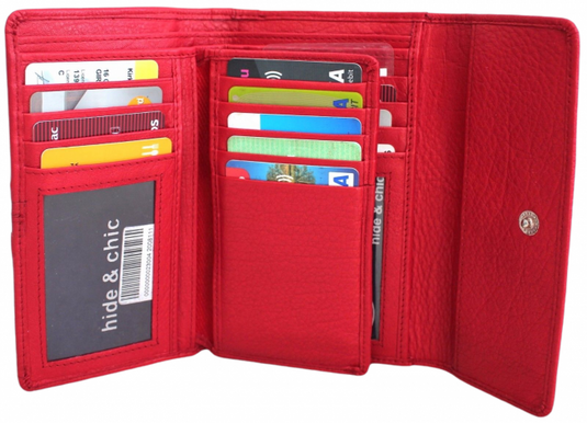 RFID Full Grain Cow Hide Leather Purse. Black, brown, blue or red. Style No 21004 Hide & Chic