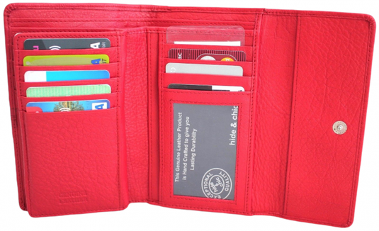 RFID Full Grain Cow Hide Leather Purse. Black, brown, blue or red. Style No 21004 Hide & Chic