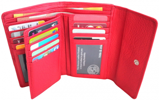 RFID Full Grain Cow Hide Leather Purse. Black, brown, blue or red. Style No 21004 Hide & Chic