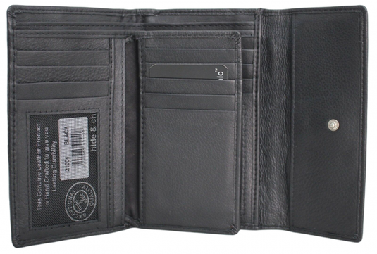 RFID Full Grain Cow Hide Leather Purse. Black, brown, blue or red. Style No 21004 Hide & Chic