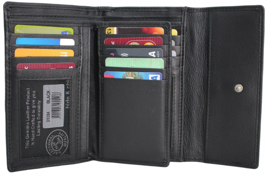 RFID Full Grain Cow Hide Leather Purse. Black, brown, blue or red. Style No 21004 Hide & Chic