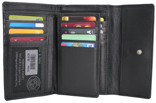 RFID Full Grain Cow Hide Leather Purse. Black, brown, blue or red. Style No 21004 Hide & Chic