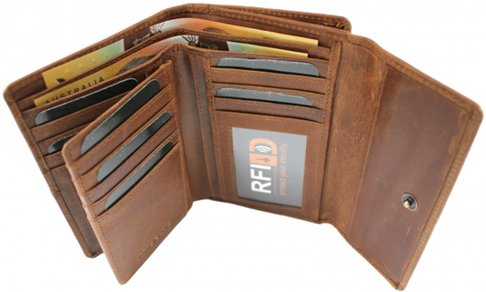 RFID Full Grain Cow Hide Leather Purse. Black, brown, blue or red. Style No 21004 Hide & Chic