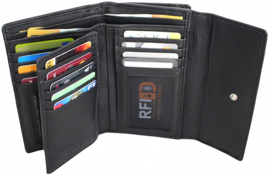 RFID Full Grain Cow Hide Leather Purse. Black, brown, blue or red. Style No 21004 Hide & Chic