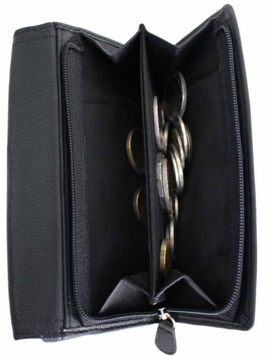 RFID Full Grain Cow Hide Leather Purse. Black, brown, blue or red. Style No 21004 Hide & Chic