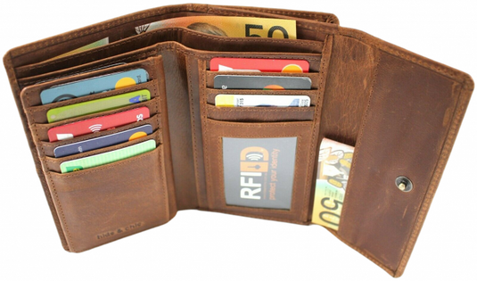 RFID Full Grain Cow Hide Leather Purse. Black, brown, blue or red. Style No 21004 Hide & Chic