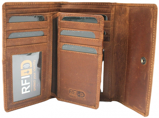 RFID Full Grain Cow Hide Leather Purse. Black, brown, blue or red. Style No 21004 Hide & Chic