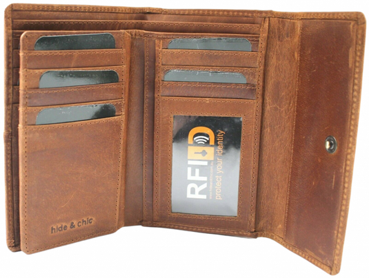 RFID Full Grain Cow Hide Leather Purse. Black, brown, blue or red. Style No 21004 Hide & Chic