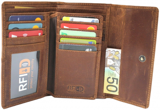 RFID Full Grain Cow Hide Leather Purse. Black, brown, blue or red. Style No 21004 Hide & Chic