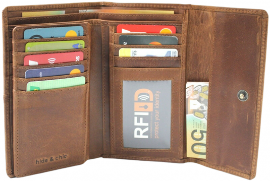 RFID Full Grain Cow Hide Leather Purse. Black, brown, blue or red. Style No 21004 Hide & Chic