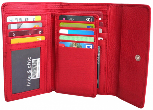 RFID Full Grain Cow Hide Leather Purse. Black, brown, blue or red. Style No 21004 Hide & Chic