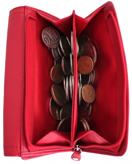 RFID Full Grain Cow Hide Leather Purse. Black, brown, blue or red. Style No 21004 Hide & Chic