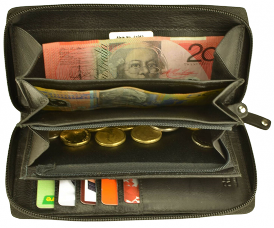 RFID Security Lined Zip Purse with Full Grain Leather. Style 22052 Hide & Chic