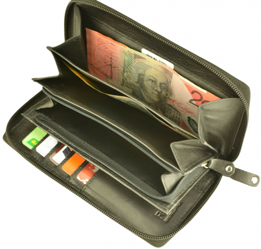 RFID Security Lined Zip Purse with Full Grain Leather. Style 22052 Hide & Chic