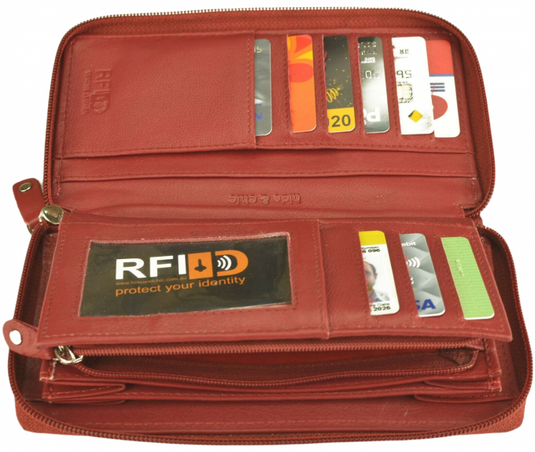RFID Security Lined Zip Purse with Full Grain Leather. Style 22052 Hide & Chic