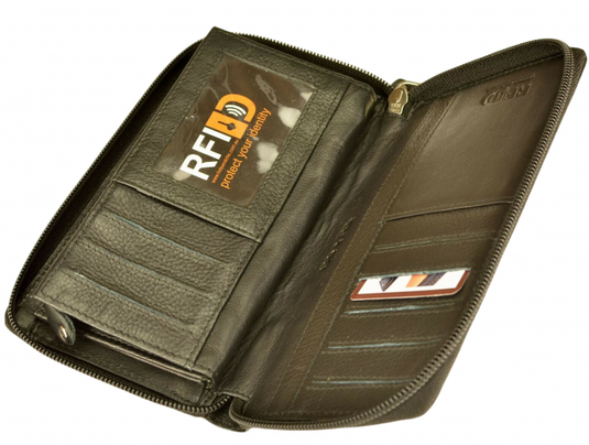 RFID Security Lined Zip Purse with Full Grain Leather. Style 22052 Hide & Chic