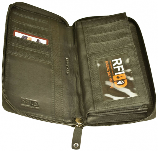 RFID Security Lined Zip Purse with Full Grain Leather. Style 22052 Hide & Chic