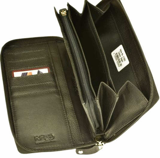 RFID Security Lined Zip Purse with Full Grain Leather. Style 22052 Hide & Chic