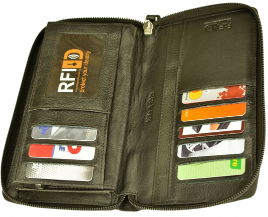 RFID Security Lined Zip Purse with Full Grain Leather. Style 22052 Hide & Chic