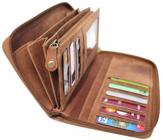 RFID Security Lined Zip Purse with Full Grain Leather. Style 22052 Hide & Chic