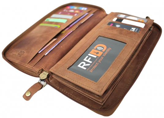 RFID Security Lined Zip Purse with Full Grain Leather. Style 22052 Hide & Chic