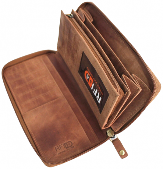 RFID Security Lined Zip Purse with Full Grain Leather. Style 22052 Hide & Chic