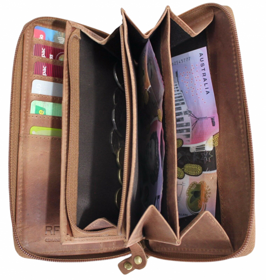 RFID Security Lined Zip Purse with Full Grain Leather. Style 22052 Hide & Chic