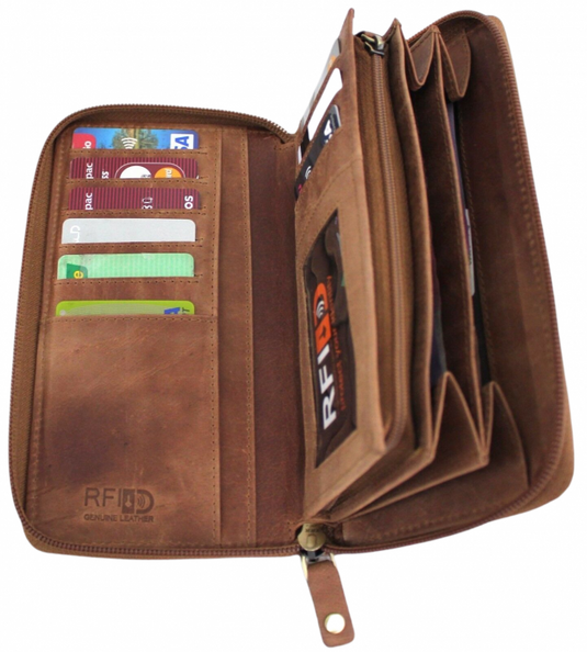 RFID Security Lined Zip Purse with Full Grain Leather. Style 22052 Hide & Chic