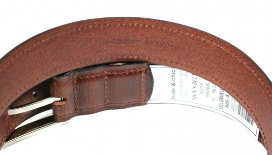 Hide & Chic Full Grain Leather Belt. Brown with Silver Nickle Buckle. Style No 43019 35 MM