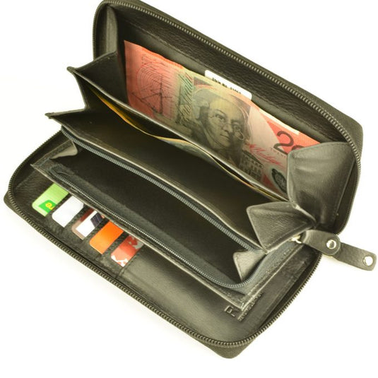 RFID Security Lined Zip Purse with Full Grain Leather. Style 22052 Hide & Chic