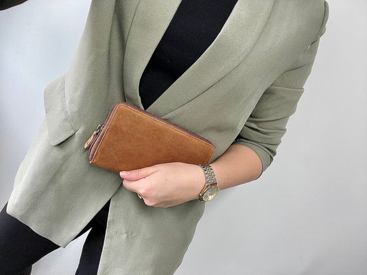 RFID Security Lined Zip Purse with Full Grain Leather. Style 22052 Hide & Chic