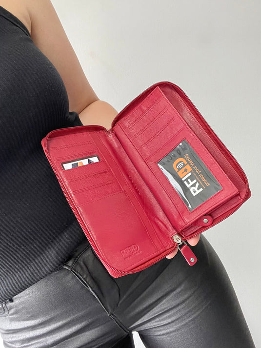 RFID Security Lined Zip Purse with Full Grain Leather. Style 22052 Hide & Chic