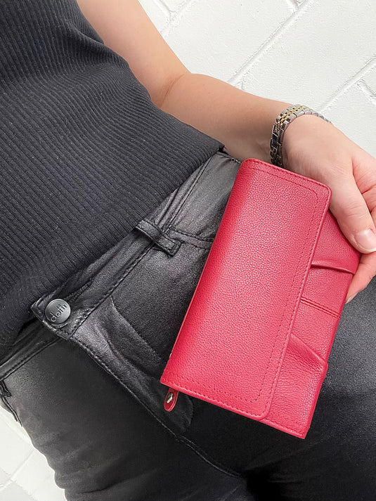 RFID Full Grain Cow Hide Leather Purse. Black, brown, blue or red. Style No 21004 Hide & Chic