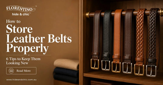 Leather belts hanging neatly on a belt rack inside a wardrobe